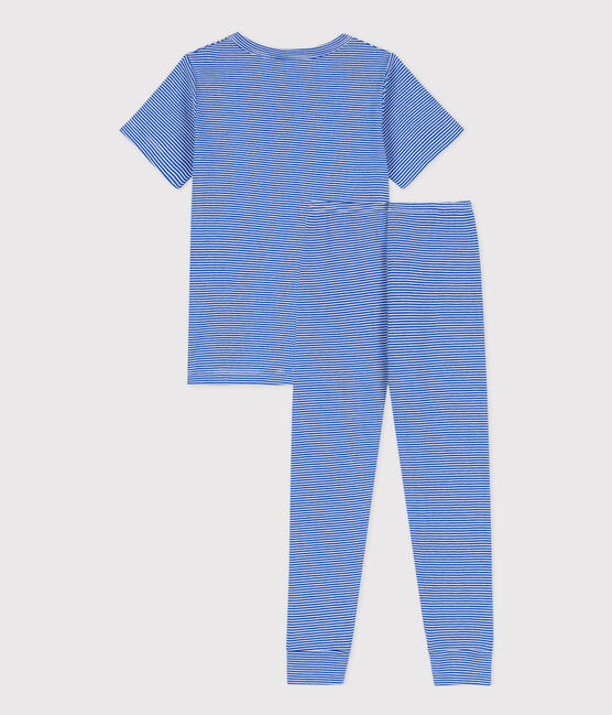 Katoenen pyjama met korte mouwen en strepen voor kleine meisjes en jongens blauw PERSE/wit MARSHMALLOW