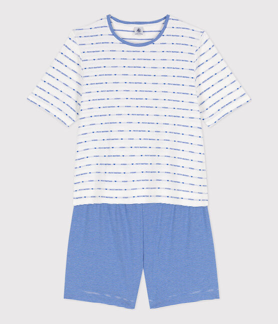 Korte pyjama in katoen voor dames  wit MARSHMALLOW/blauw PERSE