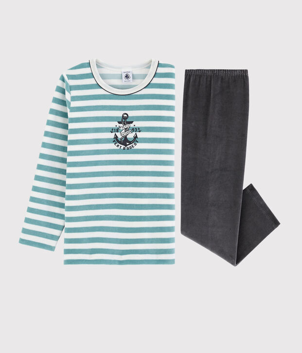 Pyjama ancre petit gar&ccedil;on en velours blanc/bleu/multicouleur