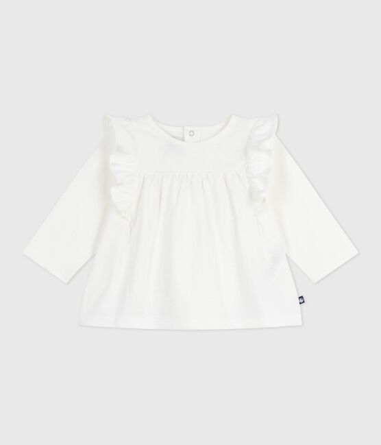 Effen katoenen babybloesje met lange mouwen wit MARSHMALLOW