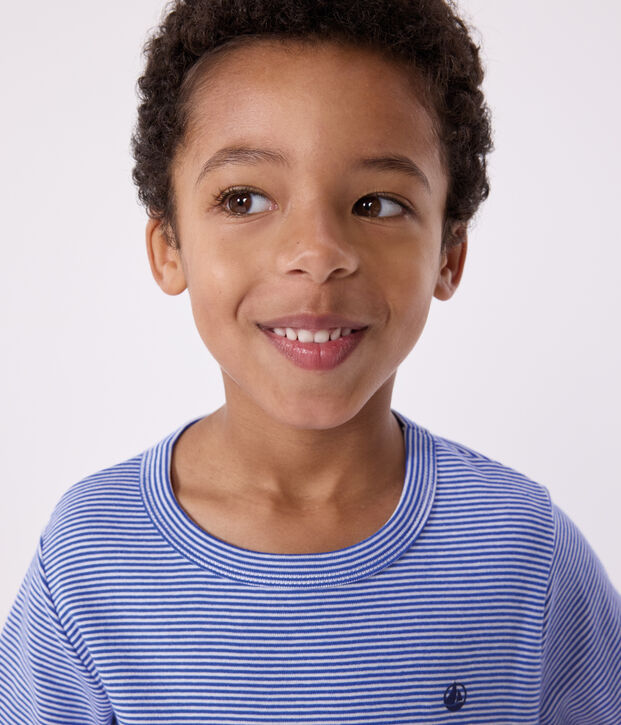 Korte katoenen kinderpyjama met streepjes blauw/wit