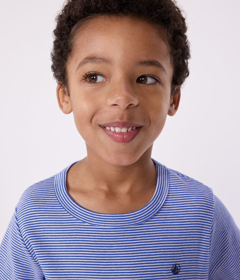 Pyjama short enfant en coton &agrave; rayures bleu/blanc