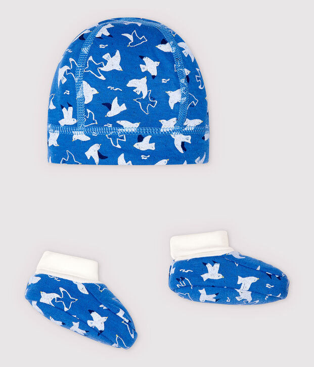 Set van blauw babymutsje en slofjes van biologisch katoenen tubic multicouleur