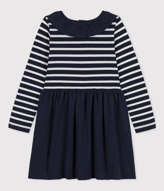 Meisjesjurk met lange mouwen in twee materialen blauw SMOKING/ ARGENT
