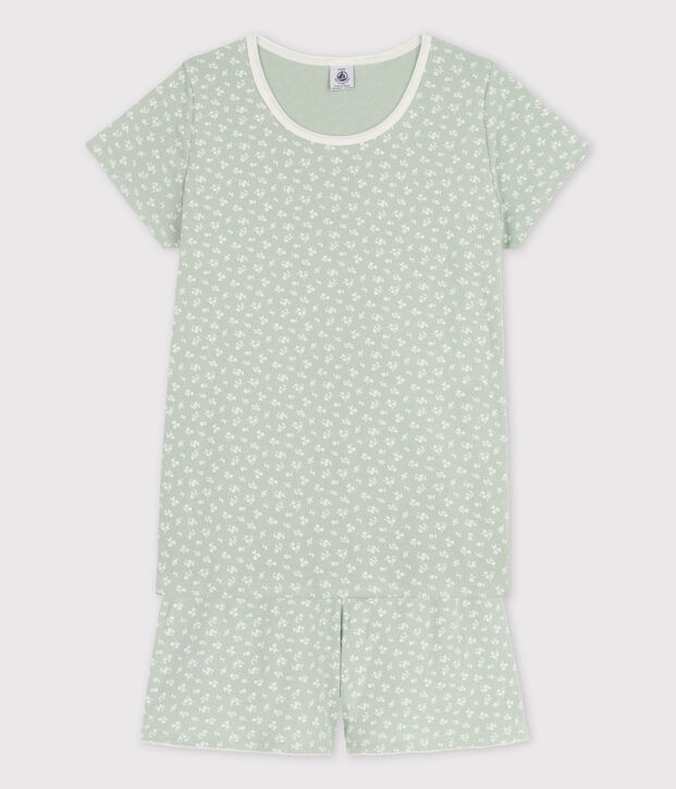 Pyjacourt fleurs fille en coton vert/blanc