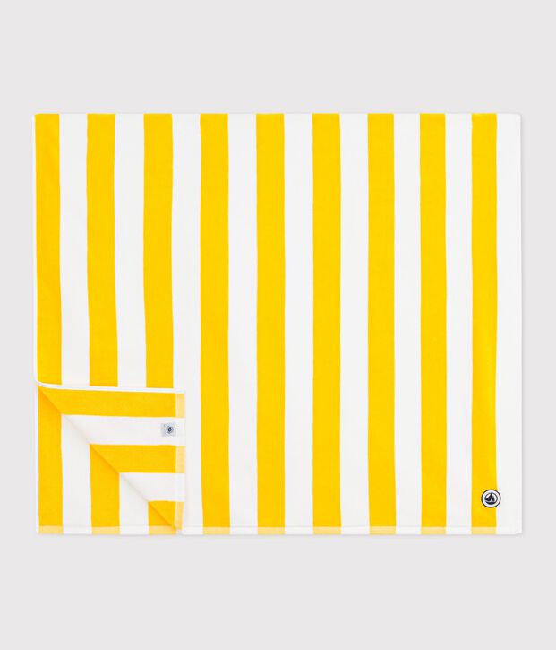 Serviette de plage en coton &eacute;ponge &agrave; rayures jaune/blanc