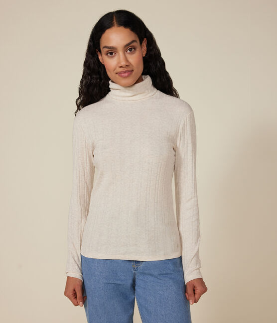 L'ICONIQUE, dames-T-shirt met rolkraag in ribstof beige MONTELIMAR CHINE