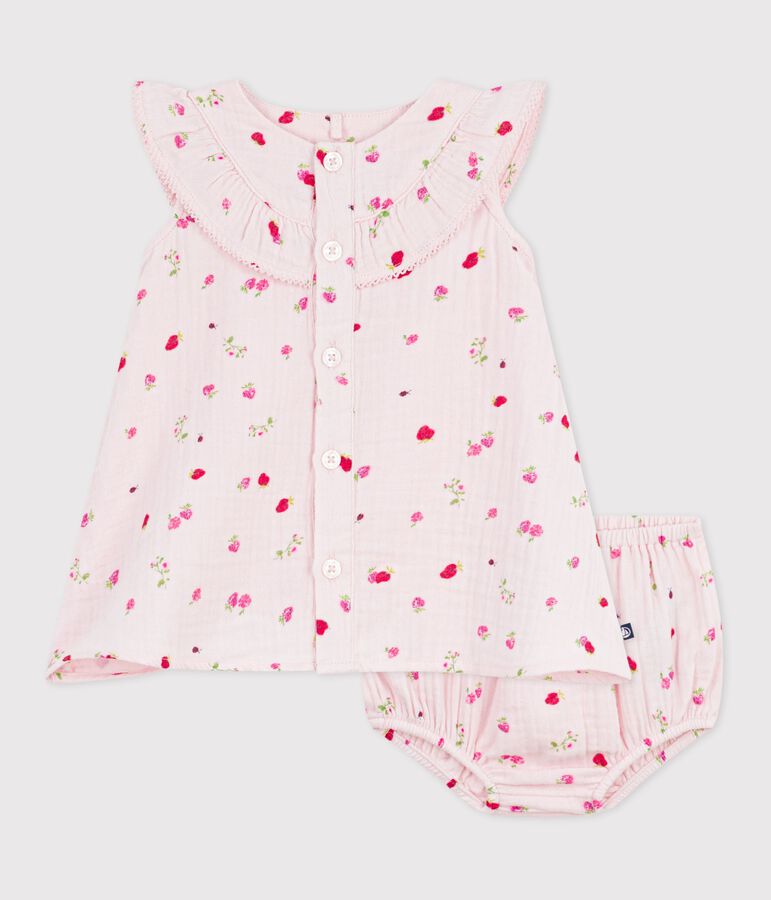 Katoenen babyjurkje met bloemenprint en pofbroekje roze/multicouleur