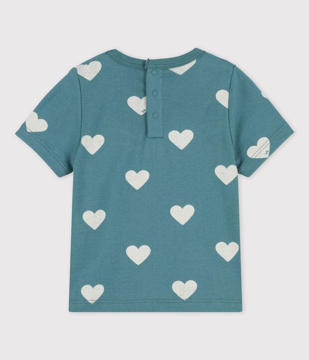 T-shirt met korte mouwen van katoen met hartjesprint voor baby's groen/ecru