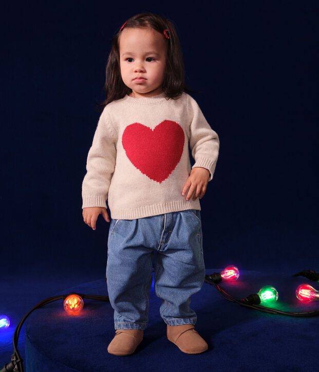 Gebreide babytrui met wol ecru/rood