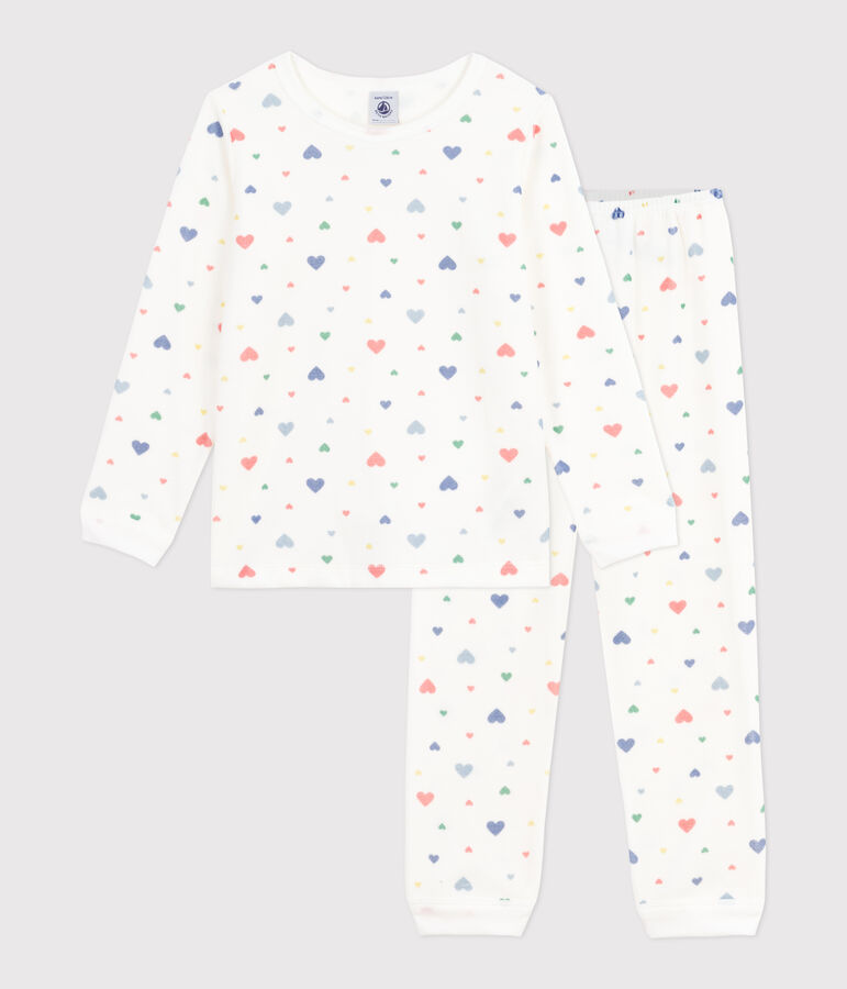 Fluwelen kinderpyjama met hartjesprint wit/multicouleur