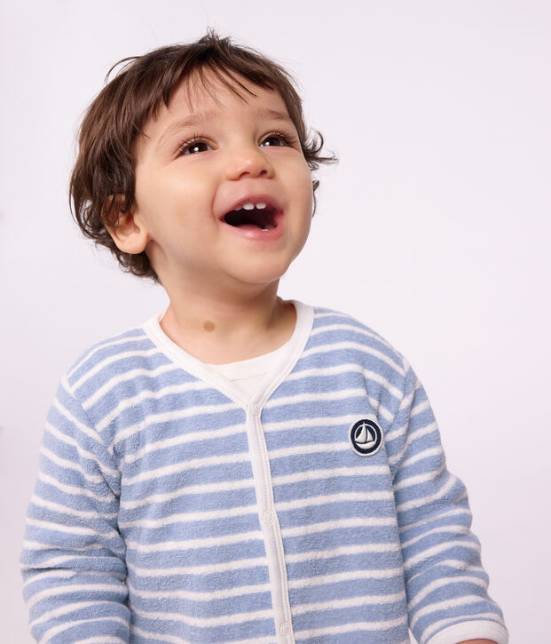 Pyjama b&eacute;b&eacute; en coton &eacute;ponge sans pieds &agrave; rayures bleu/&eacute;cru