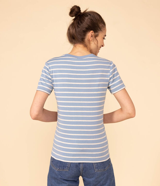 L'ICONIQUE, dames-T-shirt met ronde hals in katoen blauw/beige