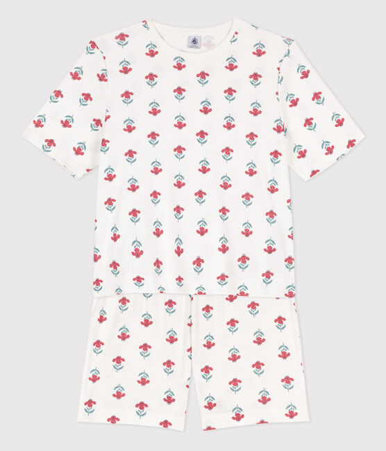 Korte pyjama met bloemen voor dames in katoen wit MARSHMALLOW/wit MULTICO