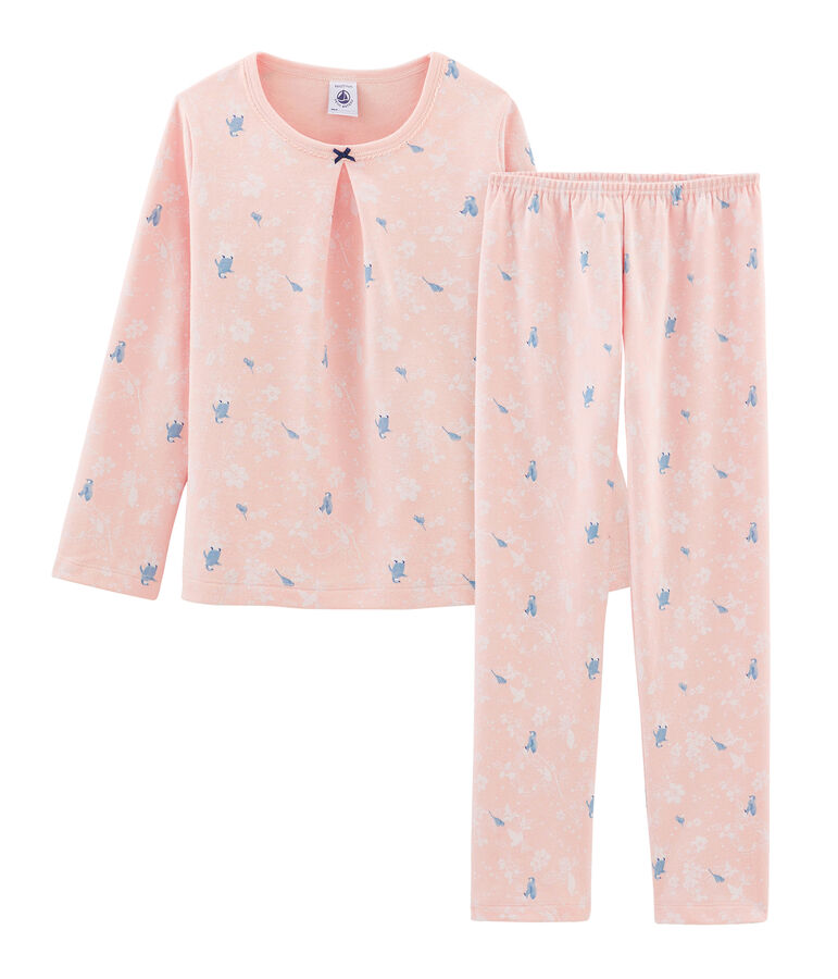 Roze meisjespyjama met pingu&iuml;n print van dubbelzijdig jersey roze MINOIS/wit MULTICO