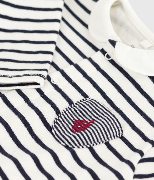 Combinaison b&eacute;b&eacute; en coton &agrave; col, rayure marini&egrave;re blanc/bleu