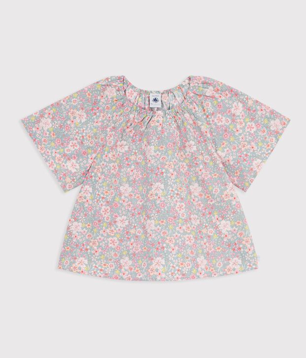 Blouse enfant en coton manches courtes imprim&eacute;e fleurs bleu/multicouleur