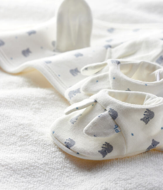 Coffret carré de bain et chaussons bébé en éponge et côte blanc MARSHMALLOW/gris GRIS/ MULTICO
