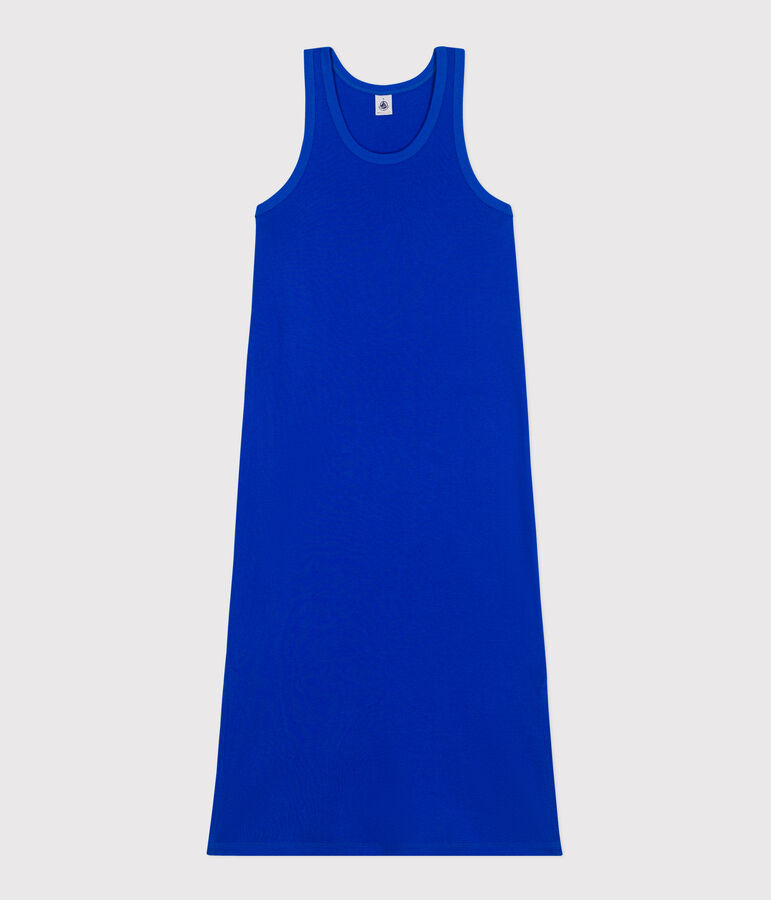 Robe d&eacute;bardeur longue femme en coton bleu