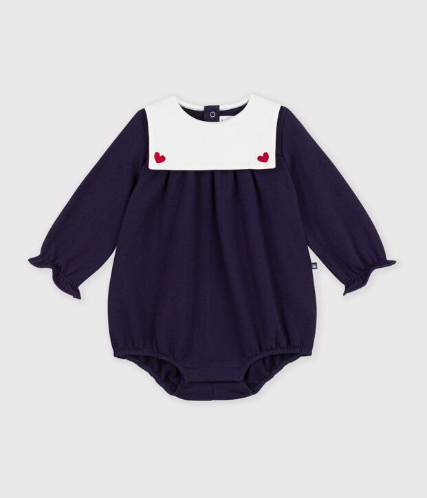 Combinaison courte b&eacute;b&eacute; en coton uni &agrave; col bleu marine