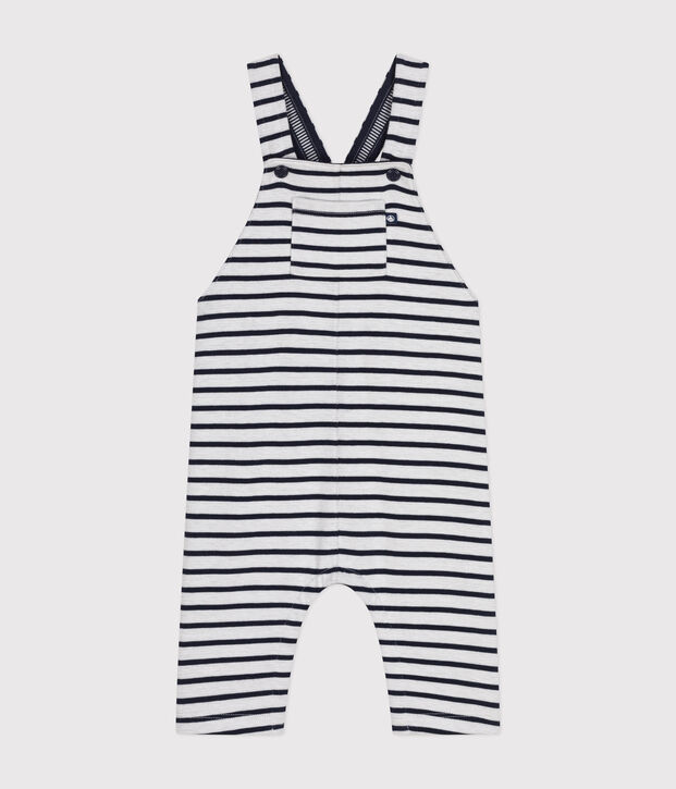 Lange gestreepte salopette in dubbele jersey voor baby's wit/blauw
