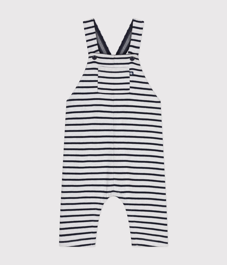 Lange gestreepte salopette in dubbele jersey voor baby's wit/blauw