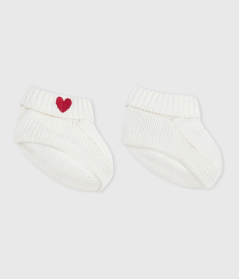 Chaussons naissance tricot&eacute;s en coton blanc MARSHMALLOW