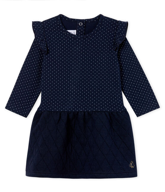 Jurk met lange mouwen twee soorten materiaal babymeisje blauw SMOKING/wit MARSHMALLOW