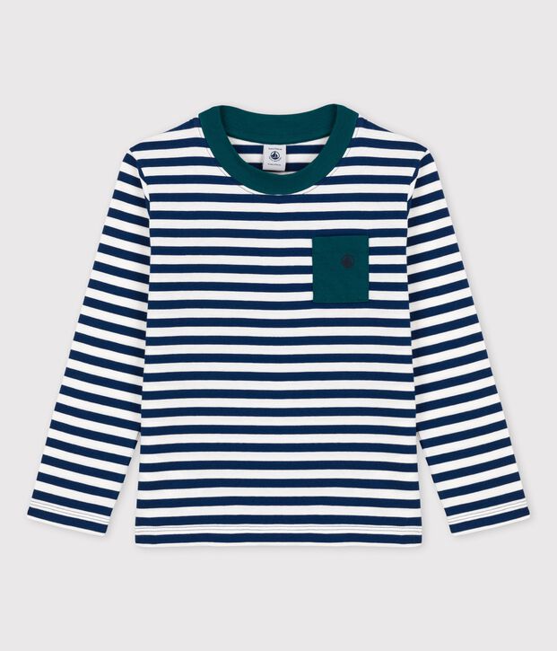 Tee-shirt manches longues en coton enfant gar&ccedil;on bleu/blanc