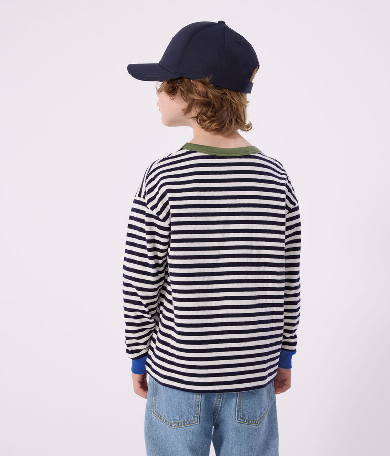 Tee-shirt enfant manches longues en coton &agrave; rayures bleu/&eacute;cru