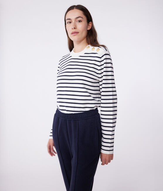 Gestreepte katoenen marinetrui voor dames wit MARSHMALLOW/blauw SMOKING