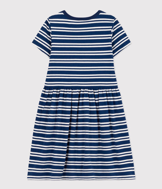 Robe rayée manches courtes en coton enfant fille bleu MEDIEVAL/blanc MARSHMALLOW