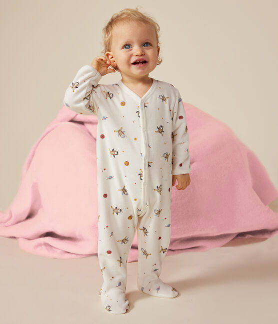 Babypyjama van velours met een print van een kleine pinguïn in de ruimte wit MARSHMALLOW/wit MULTICO