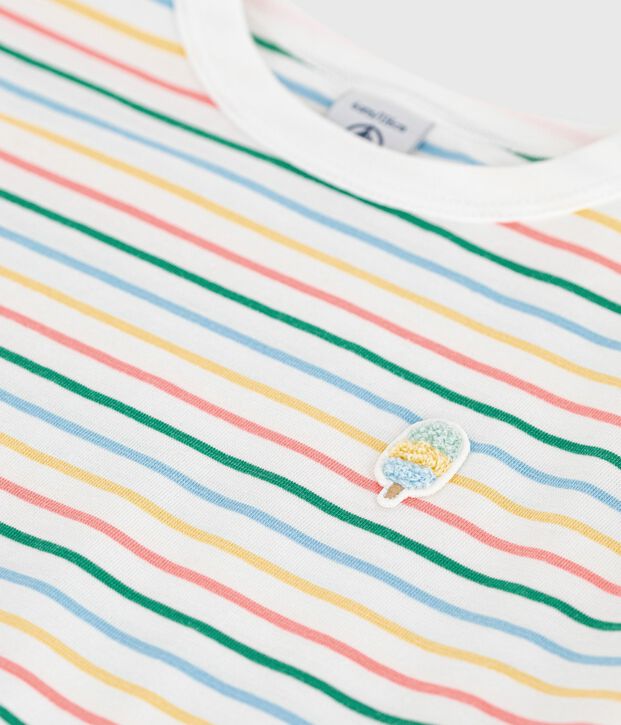 Tee-shirt enfant manches courtes en coton &agrave; rayures blanc/multicouleur