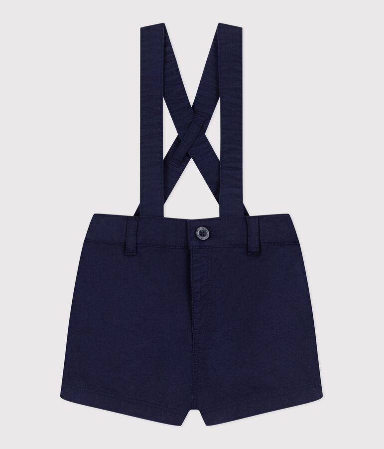 Korte babyshort met bretellen van keperstof blauw
