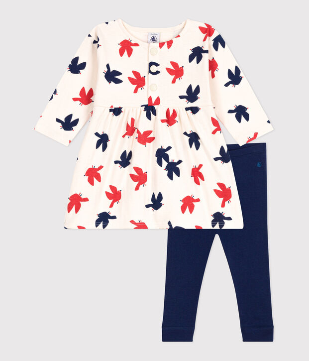 Robe b&eacute;b&eacute; en coton manches longues et legging, imprim&eacute;e oiseaux &eacute;cru/multicouleur