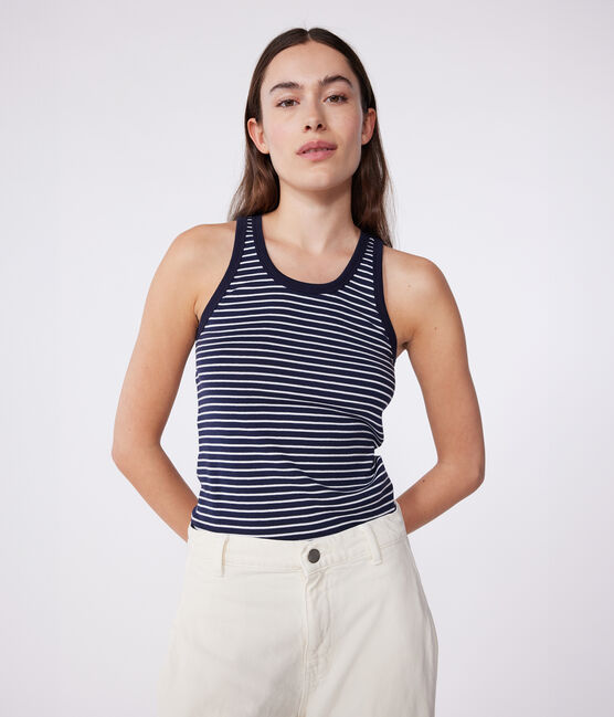Débardeur Femme l'Iconique en coton rayé bleu SMOKING/blanc MARSHMALLOW