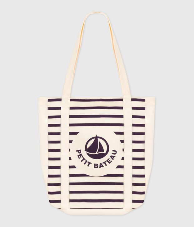 Gestreepte totebag van geweven stof voor volwassenen blauw/blauw
