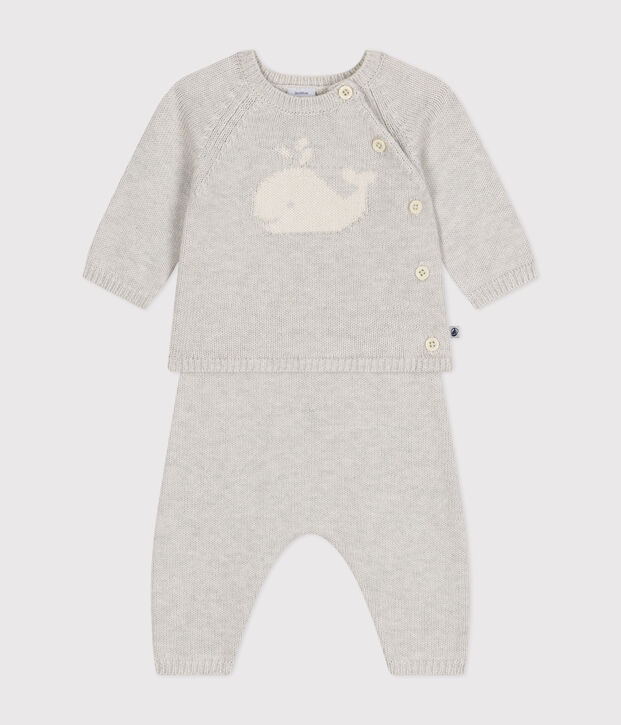 Ensemble 2 pi&egrave;ces en tricot laine et coton b&eacute;b&eacute; beige chin&eacute;