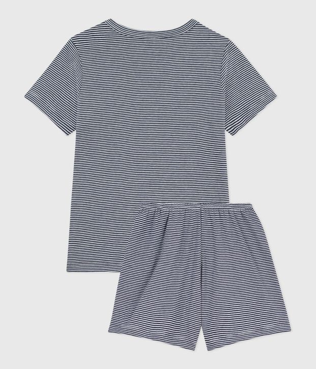 Pyjama short enfant en coton &agrave; rayures bleu/blanc