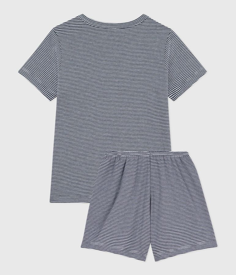 Pyjama short enfant en coton &agrave; rayures bleu/blanc