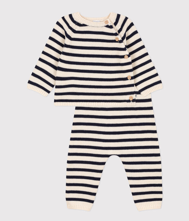 Ensemble en tricot laine et coton rayure marini&egrave;re b&eacute;b&eacute; &eacute;cru/bleu