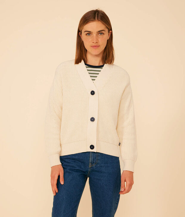 Cardigan en c&ocirc;te anglaise en coton femme &eacute;cru