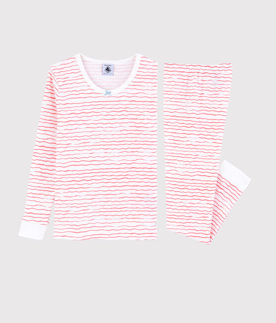 Roze snugfit pyjama met golvenprint van katoen, voor kleine meisjes wit MARSHMALLOW/roze GRETEL