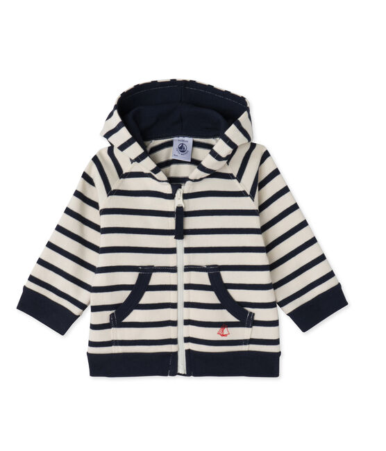 Sweat zippé bébé garçon en jersey lourd rayé beige COQUILLE/blauw SMOKING
