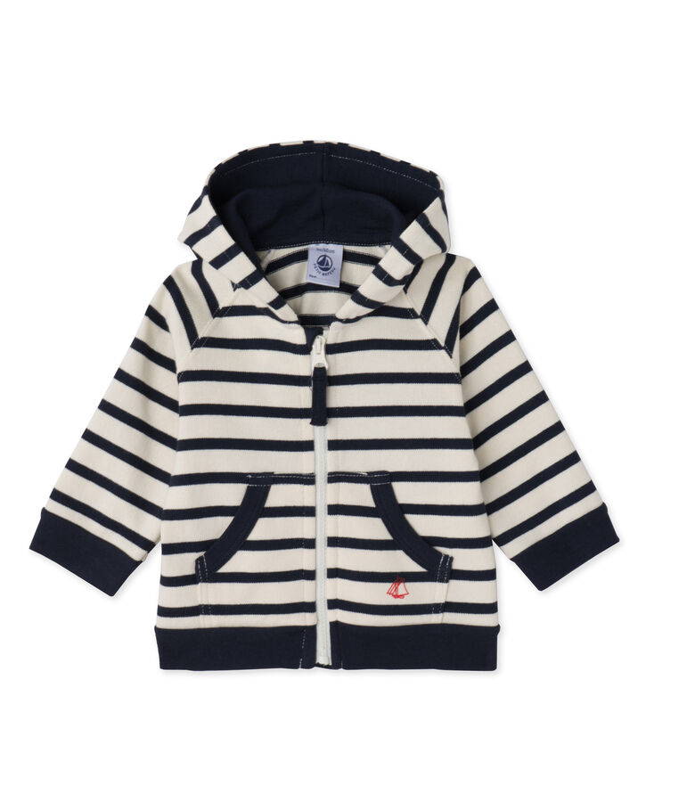 Sweat zipp&eacute; b&eacute;b&eacute; gar&ccedil;on en jersey lourd ray&eacute; wit/blauw