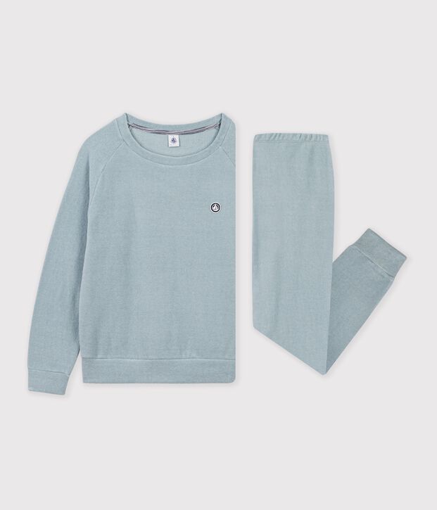 Pyjama femme en coton &eacute;ponge uni vert gris