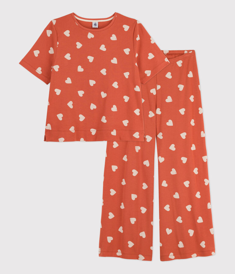 Pyjama c&oelig;ur femme en coton rose/&eacute;cru