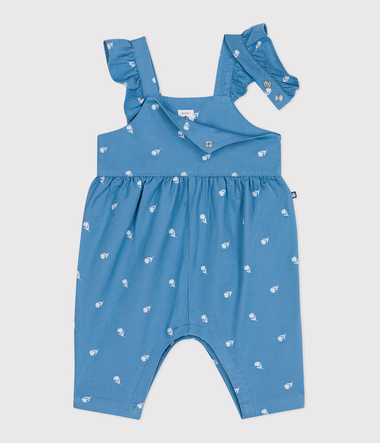 Katoenen babysalopette met lange pijpen en geborduurde bloemetjes blauw/wit