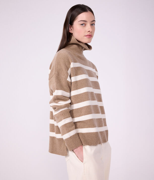 Pull &agrave; col roul&eacute; femme en laine et coton &agrave; rayures beige/&eacute;cru